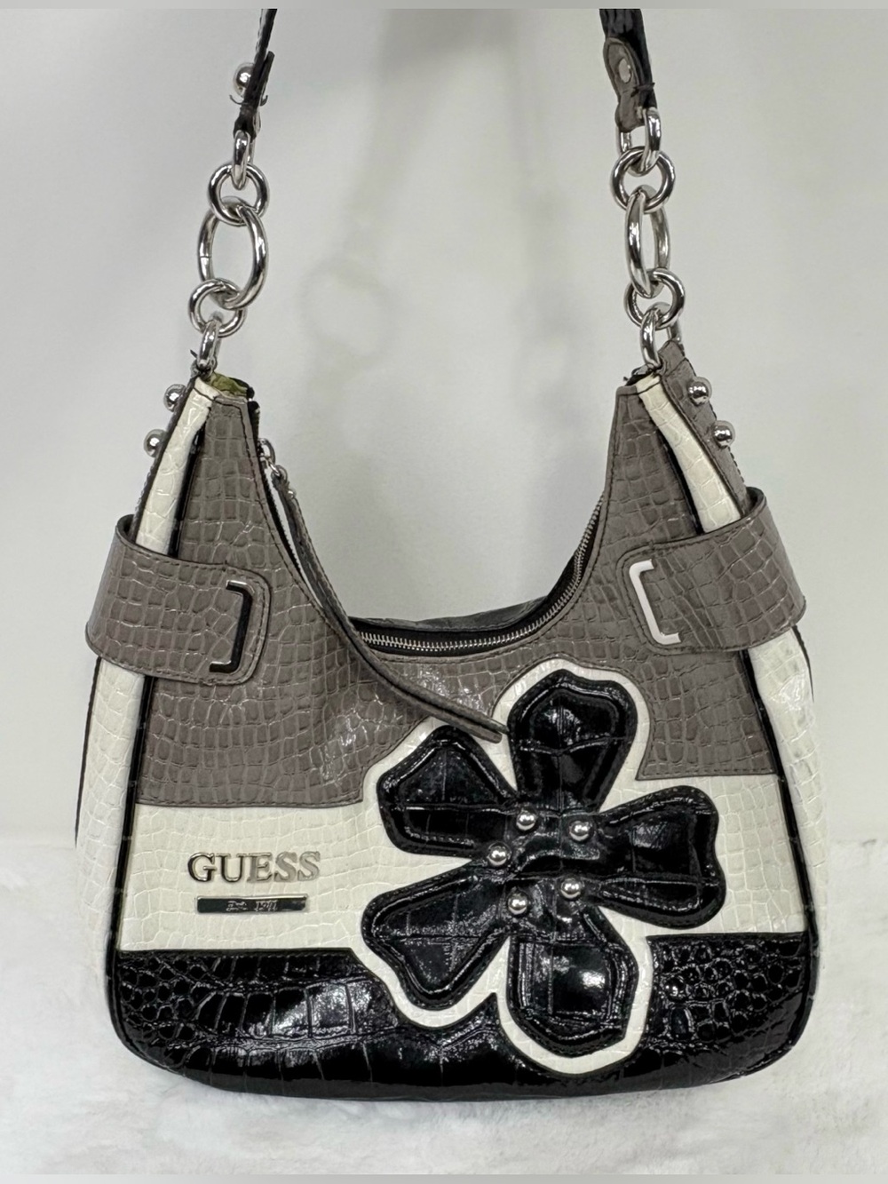 Guess Y2K Flower Embossed Tri-Color Croc Hobo Shoulder Bag